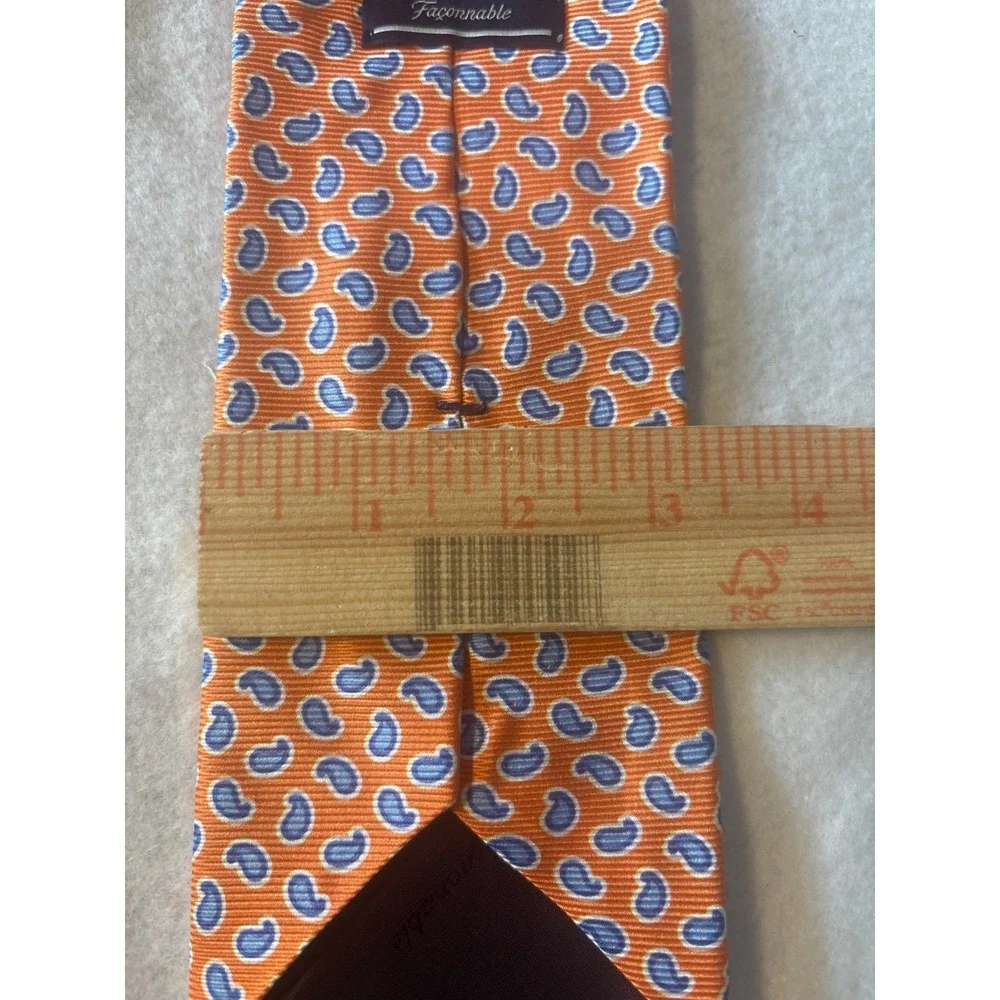 Faconnable Silk Tie Mens One Size Orange Paisley Hand Finished France